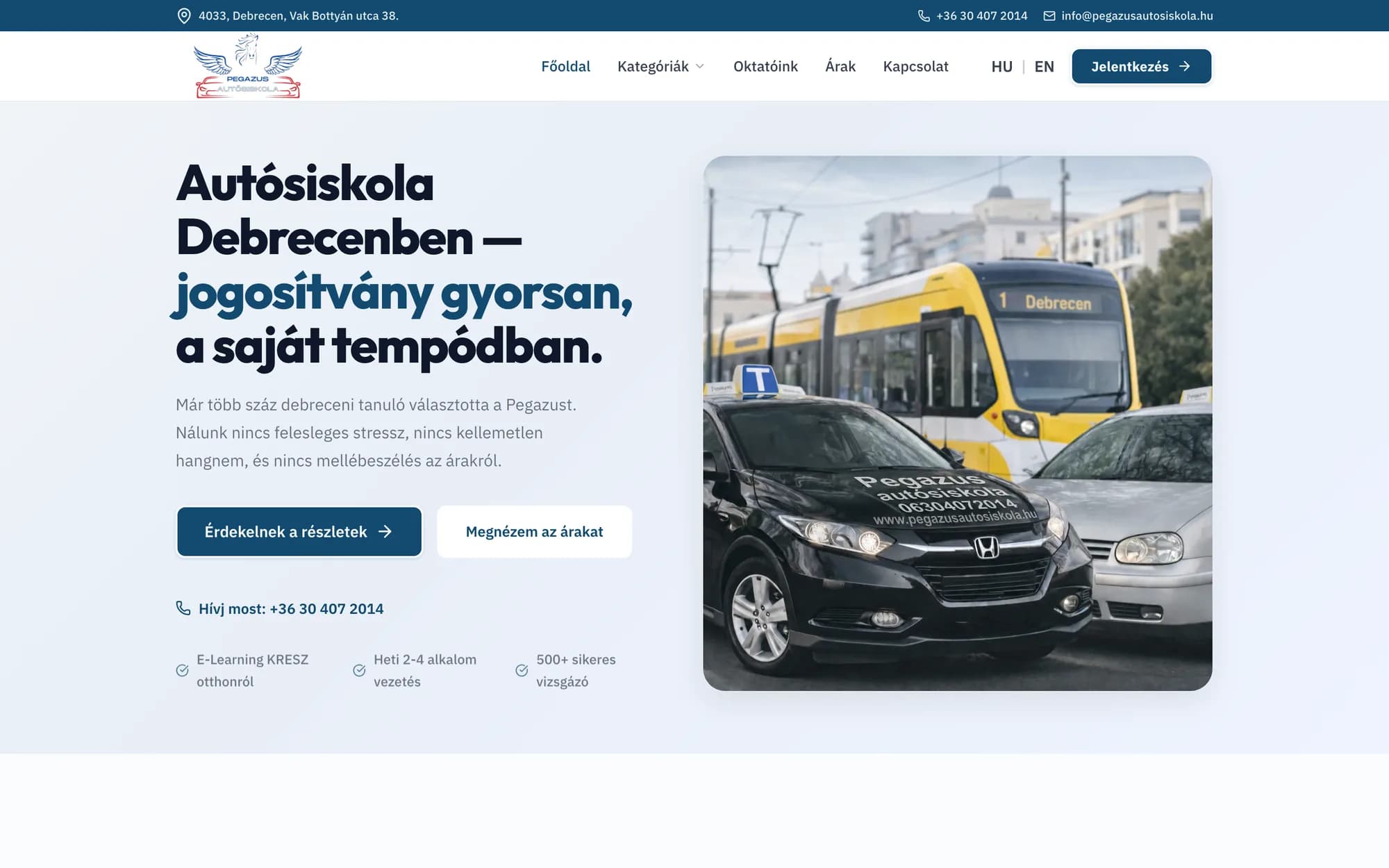 A Pegazus Autósiskola weboldalának nyitóképernyője.