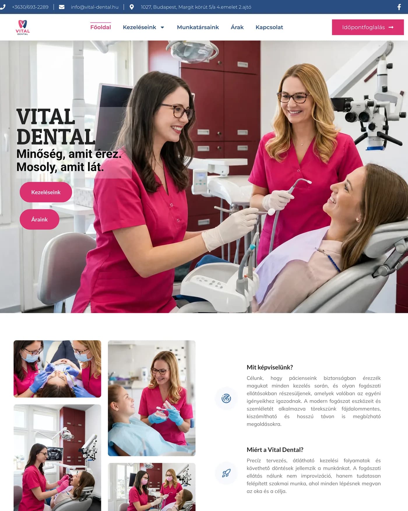 A Vital Dental fogászat weboldalának nyitóképernyője.